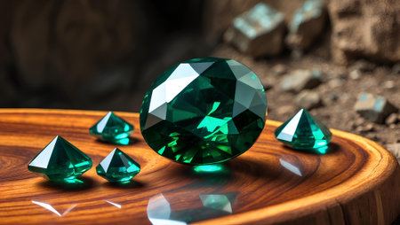 Turquoise gemstones on a wooden tableの素材