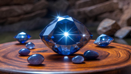 Blue sapphire on a wooden tableの素材