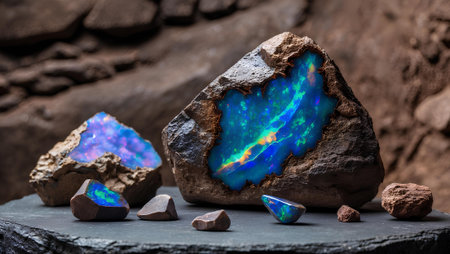 Turquoise and blue agate crystals on a stone background.の素材