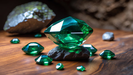 Emerald on the stone. 3d illustration. Green background.の素材