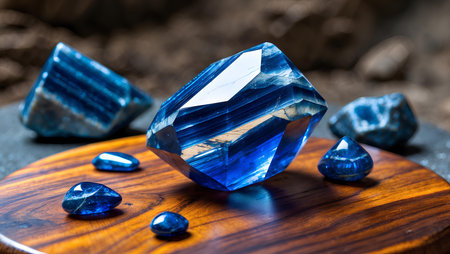Blue sapphire on a wooden table. Blue sapphire background.の素材