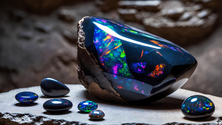 Beautiful blue crystals on a dark background. Blue crystals on stone.の素材