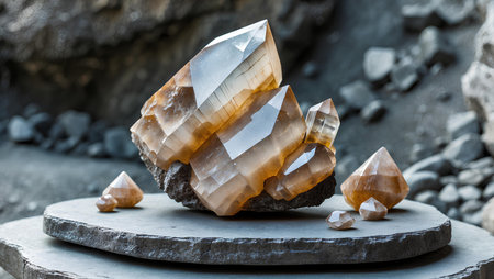 Beautiful natural gemstone on a stone podium. Natural background.の素材