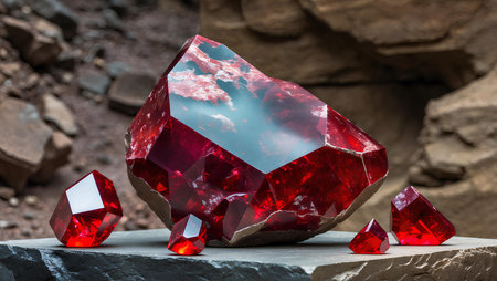 Close up of red gemstone on stone background. Macro shot.の素材