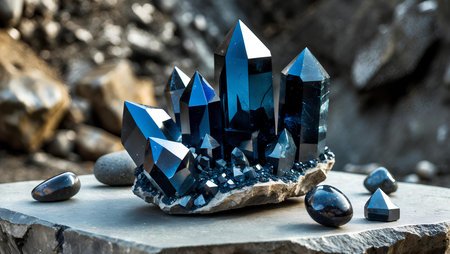 Blue crystals on a stone background. Blue crystals on a stone backgroundの素材