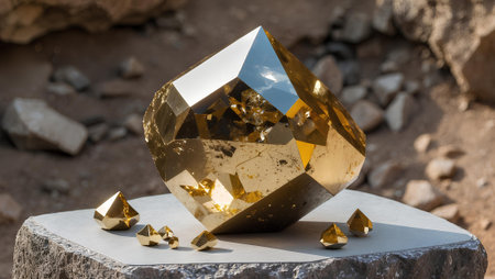 Photo of a piece of gold on a stone in the desert.の素材