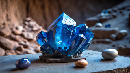 Blue gemstone on a stone background. 3d render illustration.の素材