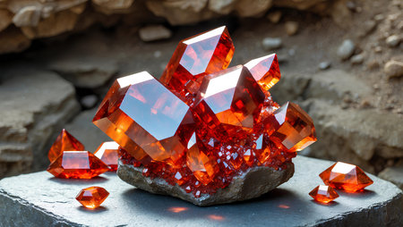 Close up view of a red gemstone on a stone surface.の素材