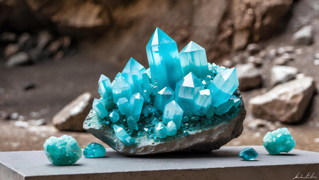 Turquoise gemstones on a piece of stone in the desertの素材