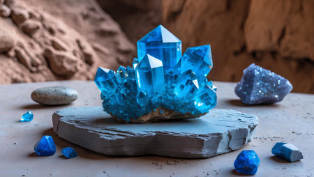 Blue crystal on a stone background. Blue crystals on a stone background.の素材