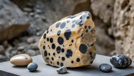 Aquamarine stone with black and white spots on a stoneの素材