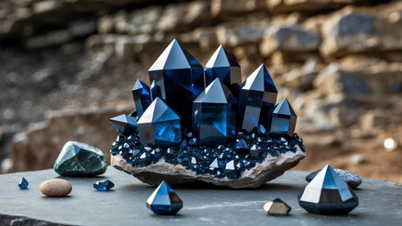 Blue crystals on a stone in the shape of a ship. Selective focus.の素材