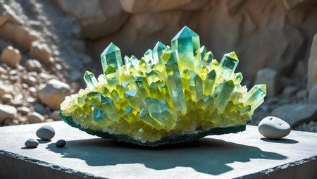 Aquamarine crystal on a stone table in the desert.の素材