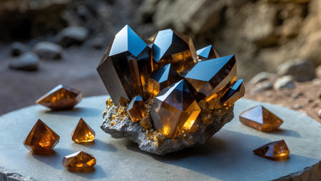 Natural gemstones of various shapes and colors on a granite slab.の素材