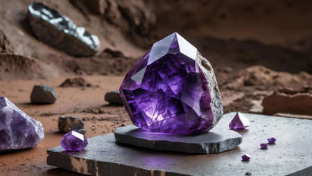 Amethyst on a stone background. Purple amethyst on a stone background.の素材