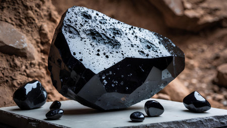 Luxury black and white opal stone on wooden table.の素材