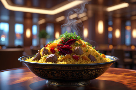 Delicious pilaf with meat and vegetables on a wooden table in a restaurantの素材