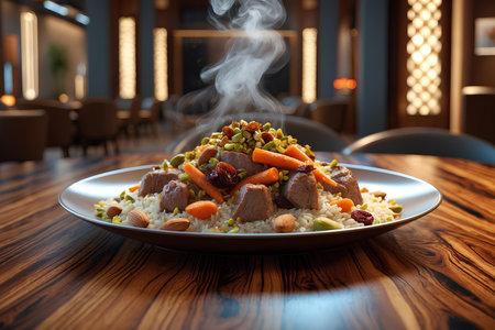 Traditional oriental pilaf with meat and vegetables on a wooden tableの素材