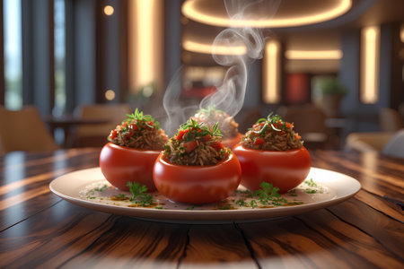 Stuffed tomatoes with meat and vegetables on a wooden table in a restaurantの素材