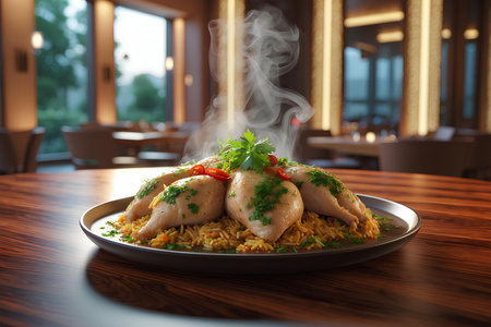 Fried rice with chicken and vegetables on a plate in a restaurantの素材