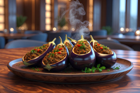 Eggplant stuffed with minced meat and vegetables on a wooden plateの素材