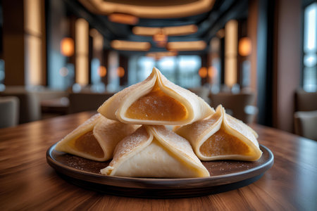 Crispy dumplings stuffed with condensed milk on wooden tableの素材