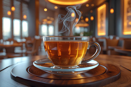 Cup of tea on the table in cafeの素材