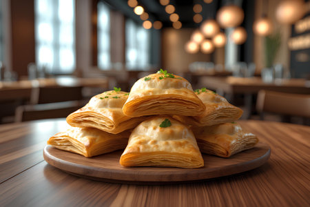 Delicious puff pastry with parsley on wooden table in cafe, closeupの素材