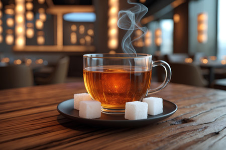 Cup of tea with sugar cubes on wooden table in cafe.の素材