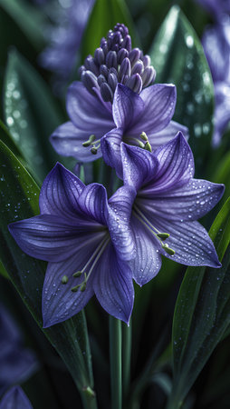 Purple flowers with raindrops on petals, close-upの素材