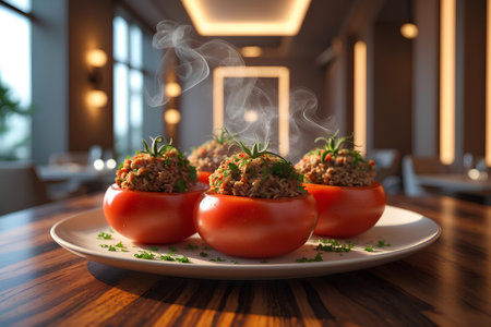 Stuffed tomatoes with minced meat and vegetables on a wooden table.の素材