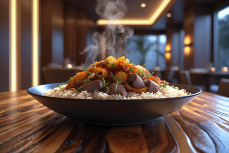 Bowl of delicious rice with meat and vegetables on table in restaurantの素材