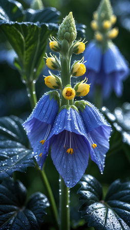 Close up of blue flower with water drops on petals in the gardenの素材