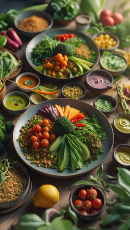 Healthy eating concept. Vegetarian Buddha bowl with quinoa, vegetables and herbs on wooden tableの素材