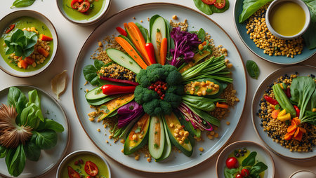 Vegetable salads on plates, top view. Healthy food conceptの素材