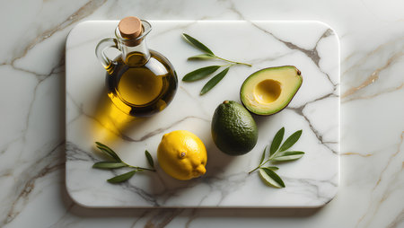 Fresh avocado, lemon and olive oille table, top viewの素材