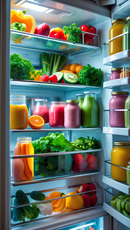 Refrigerator full of healthy food, vegetables and fruits. Diet conceptの素材