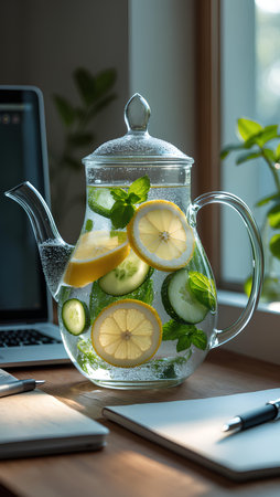 Detox water with cucumber, lemon and mint in a glass teapotの素材
