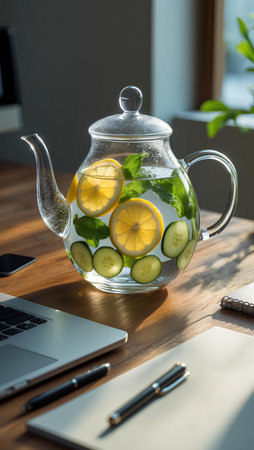 Glass teapot with lemon and cucumber on table at homeの素材