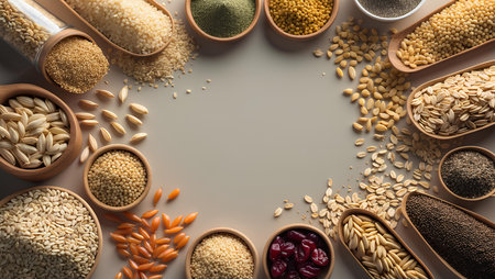 Frame made of different cereals and grains on grey background.の素材