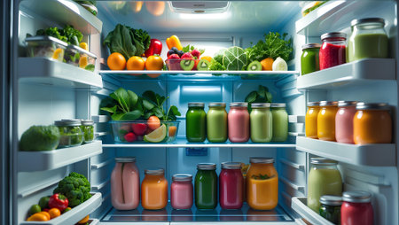 Refrigerator full of healthy food, fruit and vegetable juices.の素材