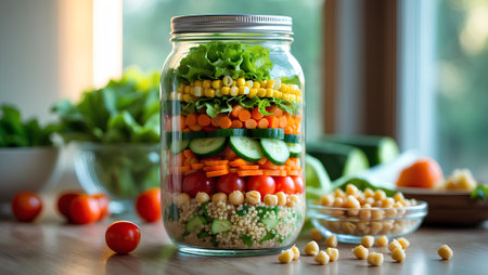 Healthy salad in glass jar with chickpeas, tomatoes, cucumber and lettuceの素材
