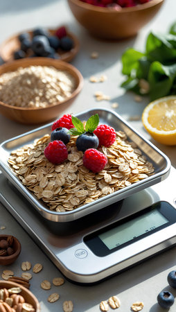 Oatmeal with berries on a kitchen scale. Healthy food concept.の素材