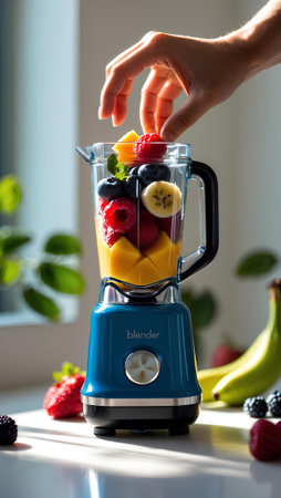 Close up of woman's hand making fresh fruit smoothie in blenderの素材