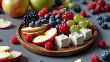 Cheese plate with fresh fruits and berries on a gray background.の素材