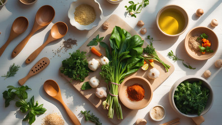 top view of ingredients and kitchen utensils for cooking on tableの素材