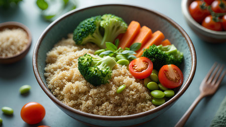 Bowl with tasty quinoa and vegetables on table.の素材