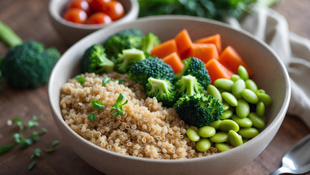 Bowl of quinoa with broccoli, carrots and chickpeasの素材