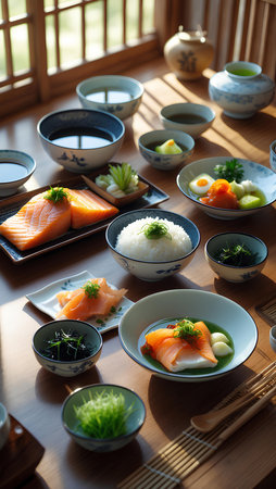 Japanese food set of salmon, rice, soy sauce and miso soupの素材