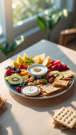 Healthy breakfast with yogurt, fruits and crackers on wooden tableの素材